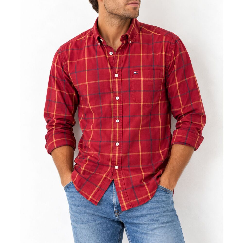 Vintage Tommy Hilfiger Red Plaid Button Down Shirt Mens M 90s Y2K Cotton